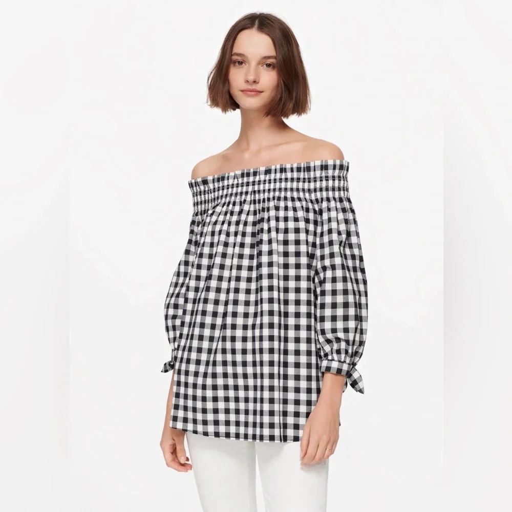 Authentic Kate Spade Gingham Off Shoulder Top Cotton Smocked M